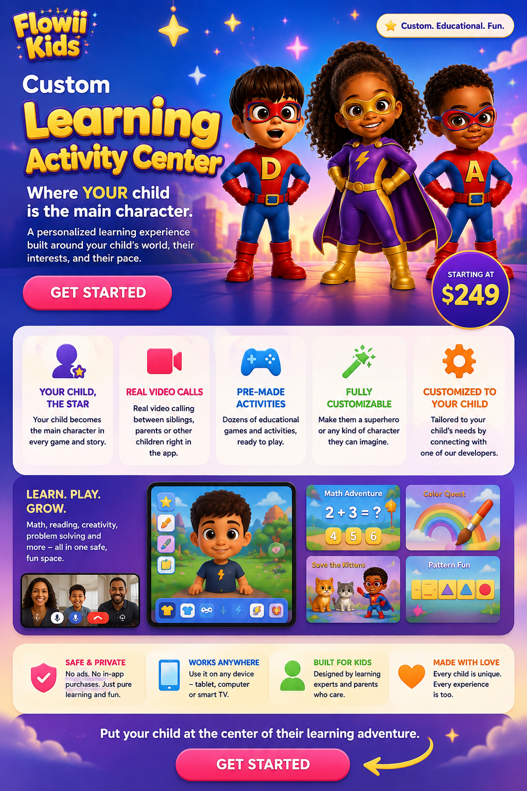 Flowii Kids landing page — a custom learning activity centre made for your child, starring them.